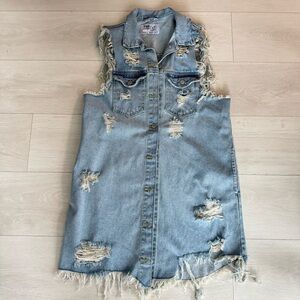 Oversized Distressed Zara Long Jean Jacket Vest Cutt-off Sleeves Light Wash XS